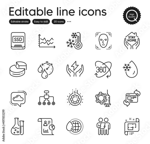 Set of Science outline icons. Contains icons as Refresh website, Architectural plan and Stay home elements. Survey, Pie chart, Timer web signs. Restructuring, Coronavirus vaccine. Vector