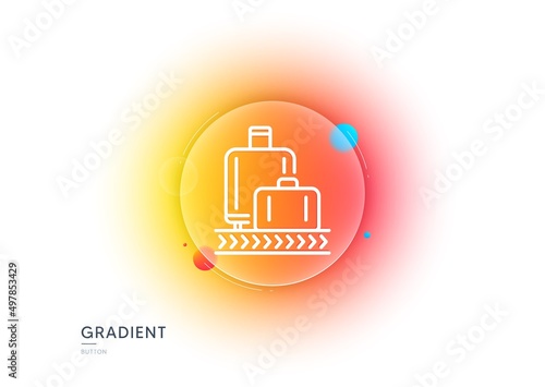 Airport baggage reclaim line icon. Gradient blur button with glassmorphism. Airplane luggage lane sign. Flight checked bag symbol. Transparent glass design. Baggage reclaim line icon. Vector