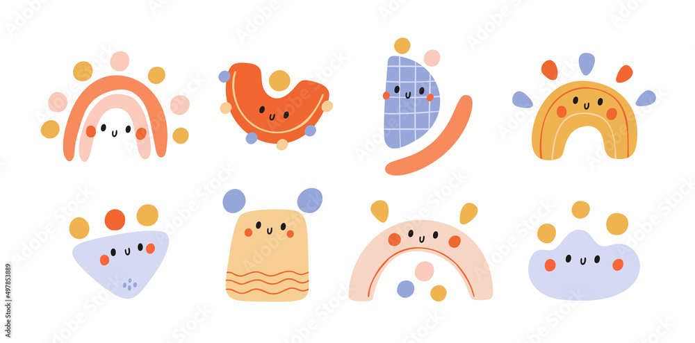 Cute abstract figures characters illustration. A set of cute figures of various shapes for children. Different positive icon forms with faces and smiles. Rainbow, square, arc, rectangle, geometry
