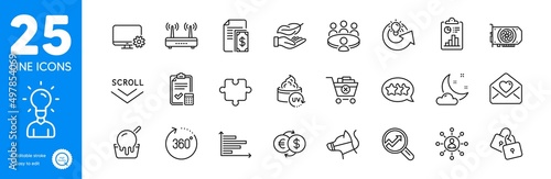 Outline icons set. Report, Gpu and Networking icons. 360 degrees, Scroll down, Lightweight web elements. Wifi, Share idea, Education signs. Meeting, Locks, Stars. Uv protection. Vector