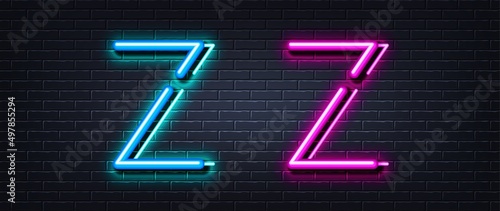 Initial letter Z icon. Neon light line effect. Line typography character sign. Large first font letter. Glowing neon light element. Letter Z glow 3d line. Brick wall banner. Vector