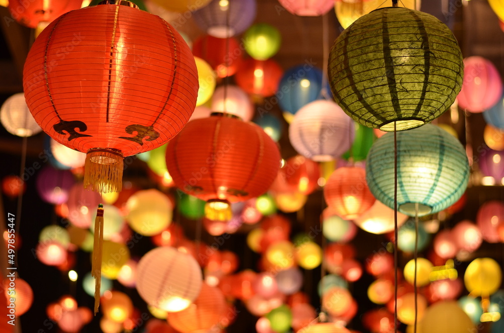 Fototapeta premium Chinese lanterns during new year festival,Chinese new year lanterns in chinatown, firecracker celebration,for background