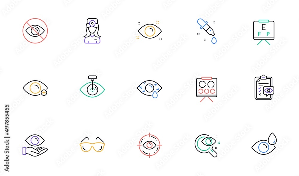 Optometry, Eye doctor line icons. Medical laser surgery, glasses and eyedropper. Pink eye, Cataract surgery and allergy icons. Optician board, oculist chart. Linear set. Vector Optometry, Eye doctor line icons. Medical laser surgery, glasses and eyedropper. Pink eye, Cataract surgery and allergy icons. Optician board, oculist chart. Linear set. Vector