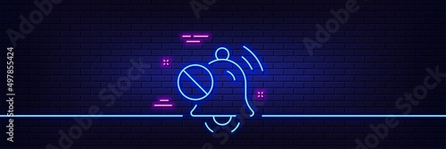 Neon light glow effect. Mute sound line icon. Silence bell sign. Turn off music symbol. 3d line neon glow icon. Brick wall banner. Mute sound outline. Vector