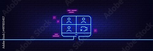 Neon light glow effect. Video conference line icon. Online training sign. Team presentation symbol. 3d line neon glow icon. Brick wall banner. Video conference outline. Vector