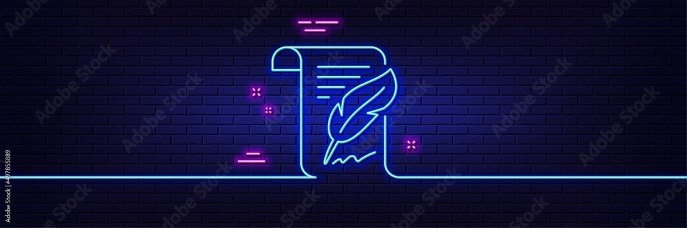 Neon light glow effect. Feather signature line icon. Copywriting sign. Feedback symbol. 3d line neon glow icon. Brick wall banner. Feather outline. Vector Neon light glow effect. Feather signature line icon. Copywriting sign. Feedback symbol. 3d line neon glow icon. Brick wall banner. Feather outline. Vector