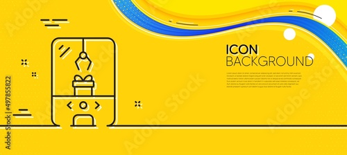 Crane claw machine line icon. Abstract yellow background. Amusement park sign. Carousels symbol. Minimal crane claw machine line icon. Wave banner concept. Vector
