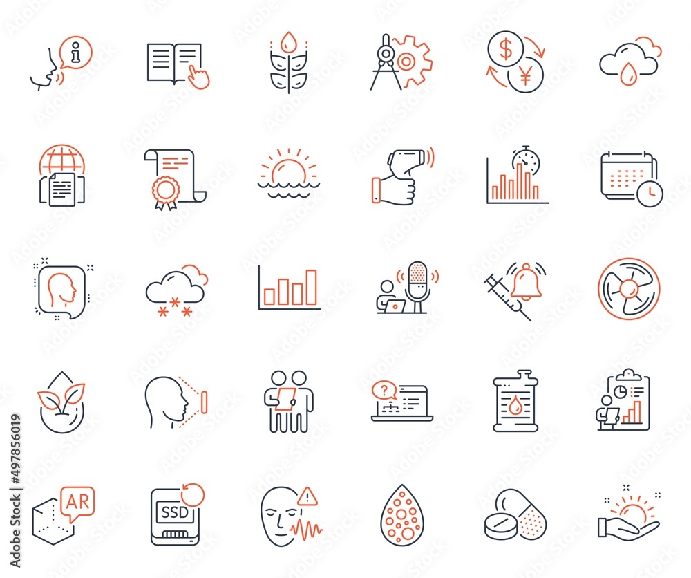 Science icons set. Included icon as Electronic thermometer, Air fan and Rainy weather web elements. Face id, Report timer, Report diagram icons. Vaccine announcement, Organic product. Vector Science icons set. Included icon as Electronic thermometer, Air fan and Rainy weather web elements. Face id, Report timer, Report diagram icons. Vaccine announcement, Organic product. Vector