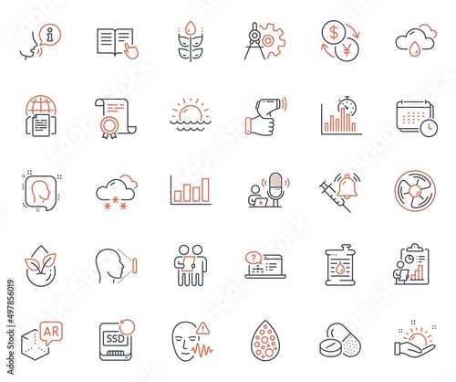 Science icons set. Included icon as Electronic thermometer, Air fan and Rainy weather web elements. Face id, Report timer, Report diagram icons. Vaccine announcement, Organic product. Vector