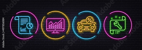 Car leasing, Report and Statistics minimal line icons. Neon laser 3d lights. Spanner icons. For web, application, printing. Transport discount, Work analysis, Financial report. Repair service. Vector