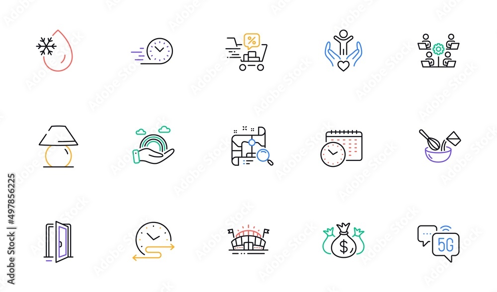 Open door, Discounts cart and Fast delivery line icons for website, printing. Collection of Freezing water, Check investment, Sports arena icons. Lgbt, Calendar time. Vector