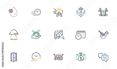 Open door, Discounts cart and Fast delivery line icons for website, printing. Collection of Freezing water, Check investment, Sports arena icons. Lgbt, Calendar time. Vector