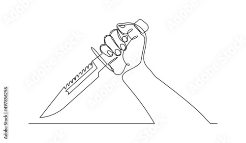 Continuous single one line drawing of hand holding knife tool weapon utensil vector illustration