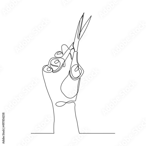 Continuous single one line drawing of  hand holding utensil scissor paper or barber shop vector illustration