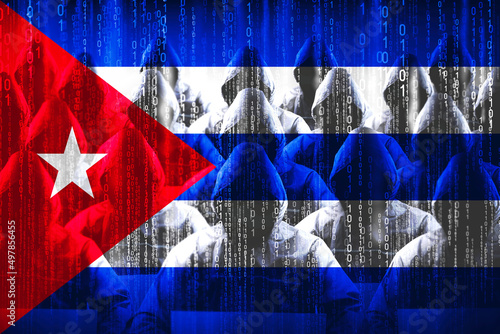 Photography Anonymous hooded hackers, flag of Cuba, binary code - cyber attack concept