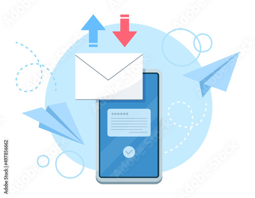 スマートフォンでメールを送受信するイラスト. 携帯電話でのメールのやり取りをするコンセプトデザイン. ベクターイラスト.
