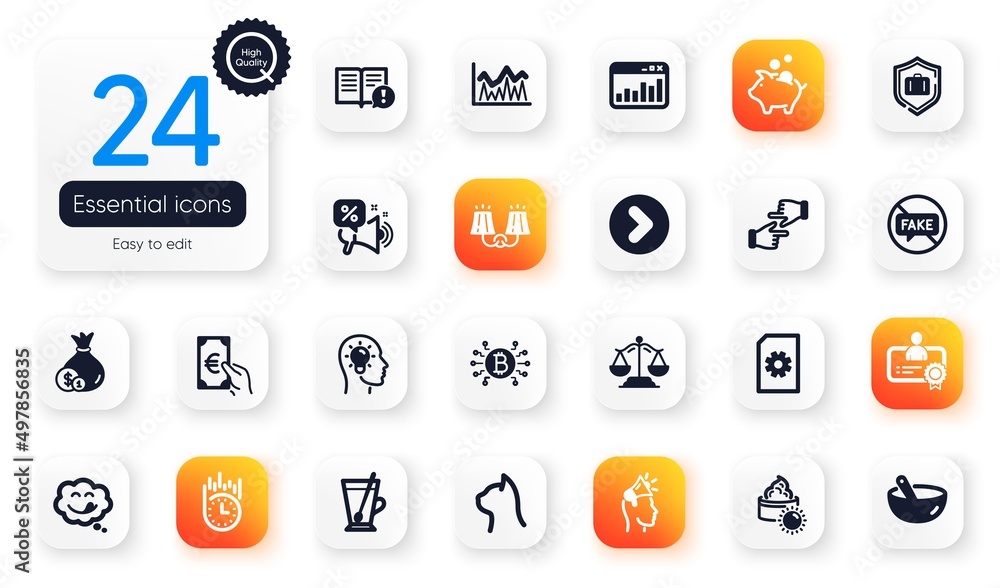 Set of Business flat icons. Bitcoin system, Cooking mix and Piggy bank elements for web application. Fake news, Forward, Yummy smile icons. Justice scales, Brand ambassador. Vector Set of Business flat icons. Bitcoin system, Cooking mix and Piggy bank elements for web application. Fake news, Forward, Yummy smile icons. Justice scales, Brand ambassador. Vector