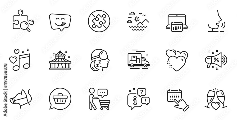 Outline set of Sale megaphone, Insomnia and Circus line icons for web application. Talk, information, delivery truck outline icon. Include Calendar, Sea mountains, Heart icons. Vector