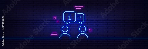 Neon light glow effect. Interview line icon. Job information sign. Business meeting symbol. 3d line neon glow icon. Brick wall banner. Interview outline. Vector