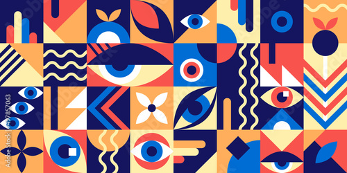 Bauhaus geometric abstract elements with eyes and simple forms. Modern style shapes, minimalistic retro design for poster, cards, book, certificate. Hipster 20s trend collage, vector illustration