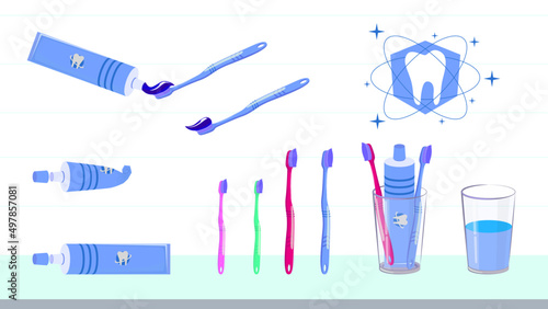 set of family toothbrushes and toothpaste full and half. Brush your child's and adult teeth. Dental and oral care.
