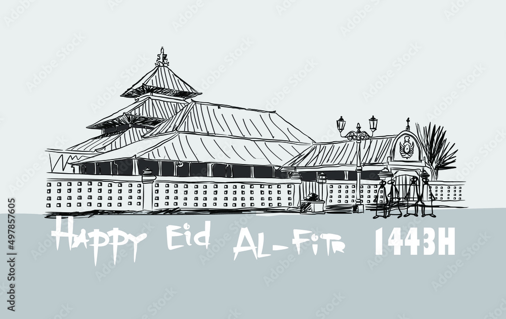 Eid al-Fitr Islamic holiday greeting card, mosque sketch illustration Eid al-Fitr Islamic holiday greeting card, mosque sketch illustration
