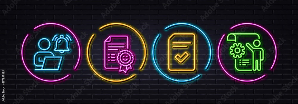Smile, Checked file and User notification minimal line icons. Neon laser 3d lights. Settings blueprint icons. For web, application, printing. Certificate, Correct document, Work notice. Vector