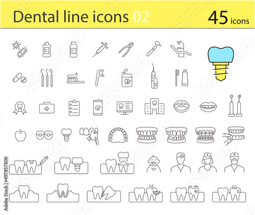 Dental clinic and dental care element line icons
