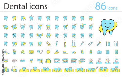 Dental clinic and dental care element line icons