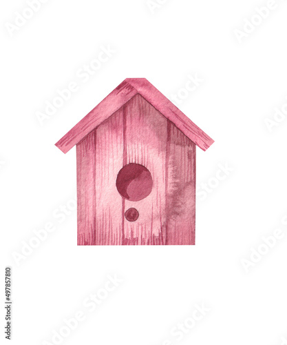 Watercolor hand-painted birdhouse on a white background