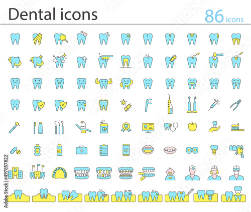 Dental clinic and dental care element line icons