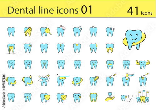 Dental clinic and dental care element line icons