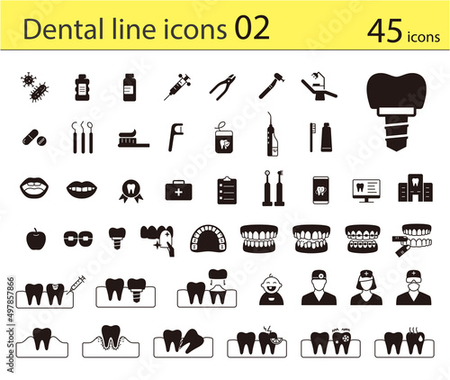 Dental clinic and dental care element line icons