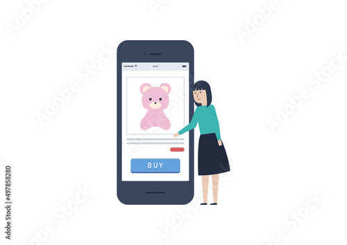 スマホでネットショッピングを楽しむ若い女性のイラスト素材｜mayucolor03