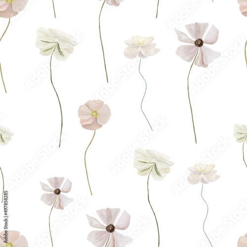 Watercolor garden flowers seamless pattern  rose fabric design on white backround 