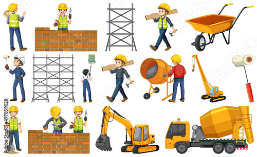 Construction worker set with people and tools