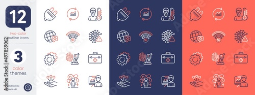 Set of Settings gears, Difficult stress and Update data line icons. Include Consolidation, Thermometer, First aid icons. Fingerprint research, Covid virus, 5g wifi web elements. Vector