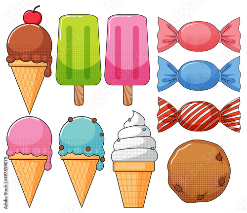 A set of candy and ice cream