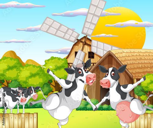 Outdoor cow farm scene with happy animals
