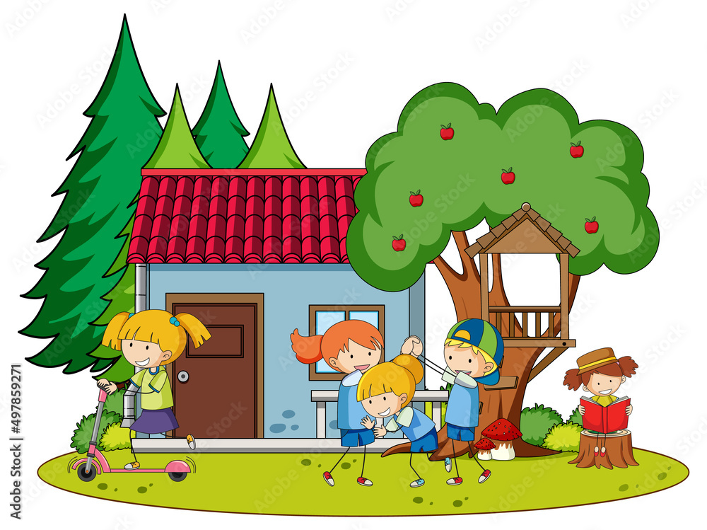 A simple house with kids in nature background A simple house with kids in nature background
