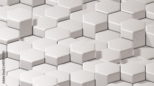 White hexagons geometric background, abstract white grey shapes stacks, 3D render technology illustration.