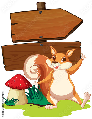 Wooden sign with squirrel in garden