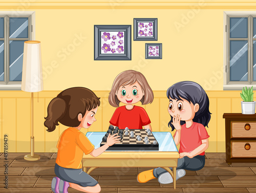 Children playing chess board at home