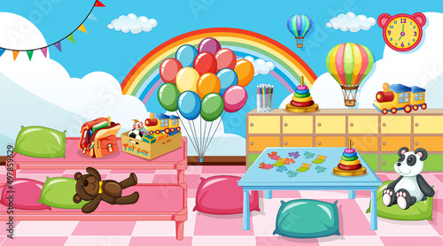 Empty kindergarten classroom interior with many kid toys