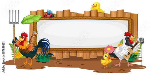 Blank wooden signboard with chicken farm