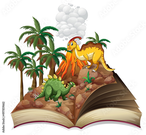 Opened book with various dinosaurs cartoon