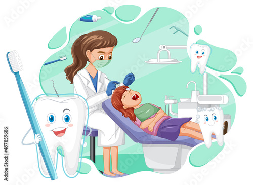 Dentist woman examining patient teeth on white background