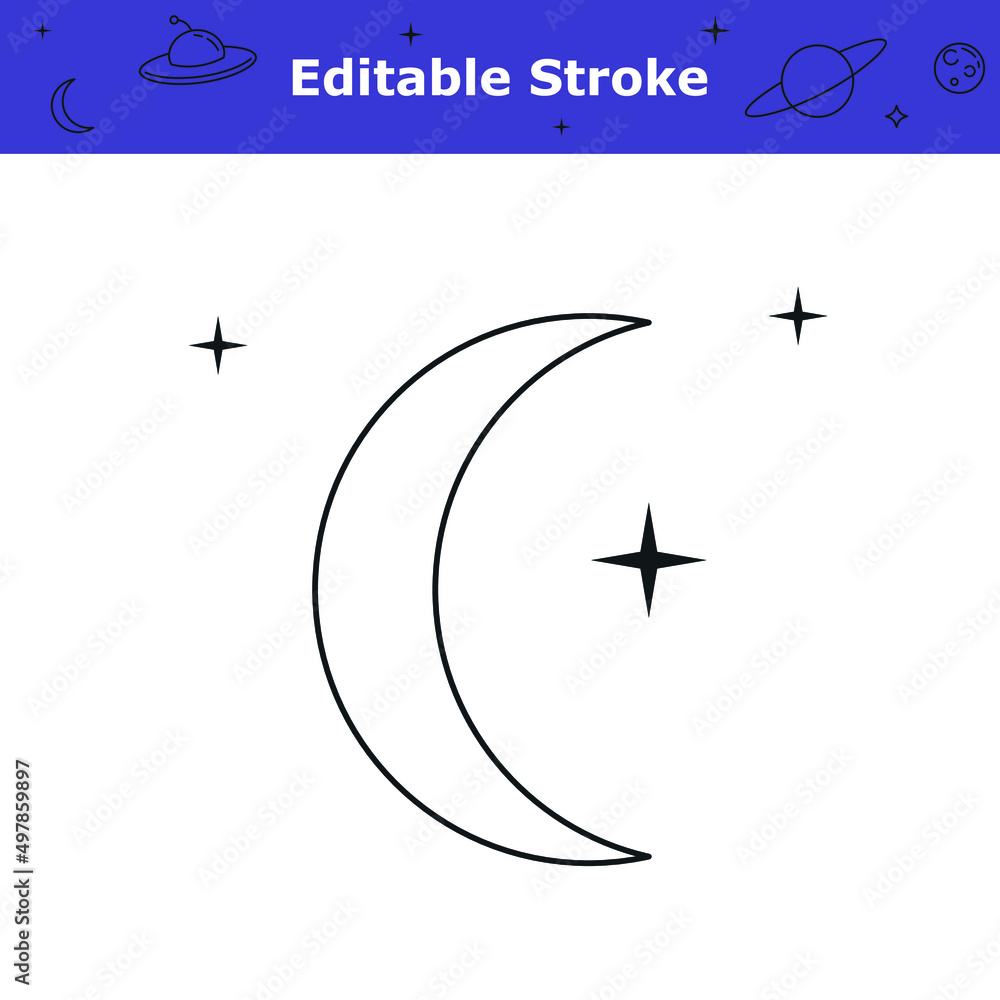 Crescent moon icon with editable stroke. Moon and stars in outer space simple symbol isolated on white background. Planetary object. Astronomy, space theme pictogram