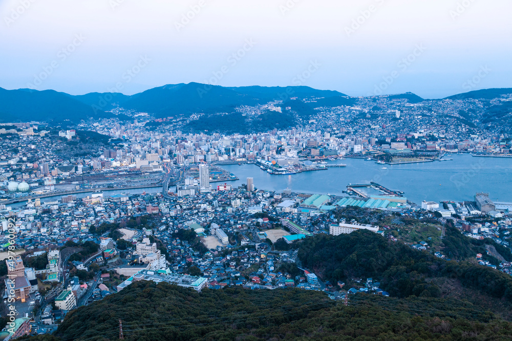 View of Nagasaki cityscape from Mt. Inasa in Japan.