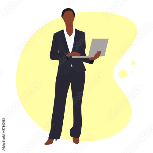 Business picture. Woman with laptop. Vector illustration. Poster, flyer, banner, postcard.